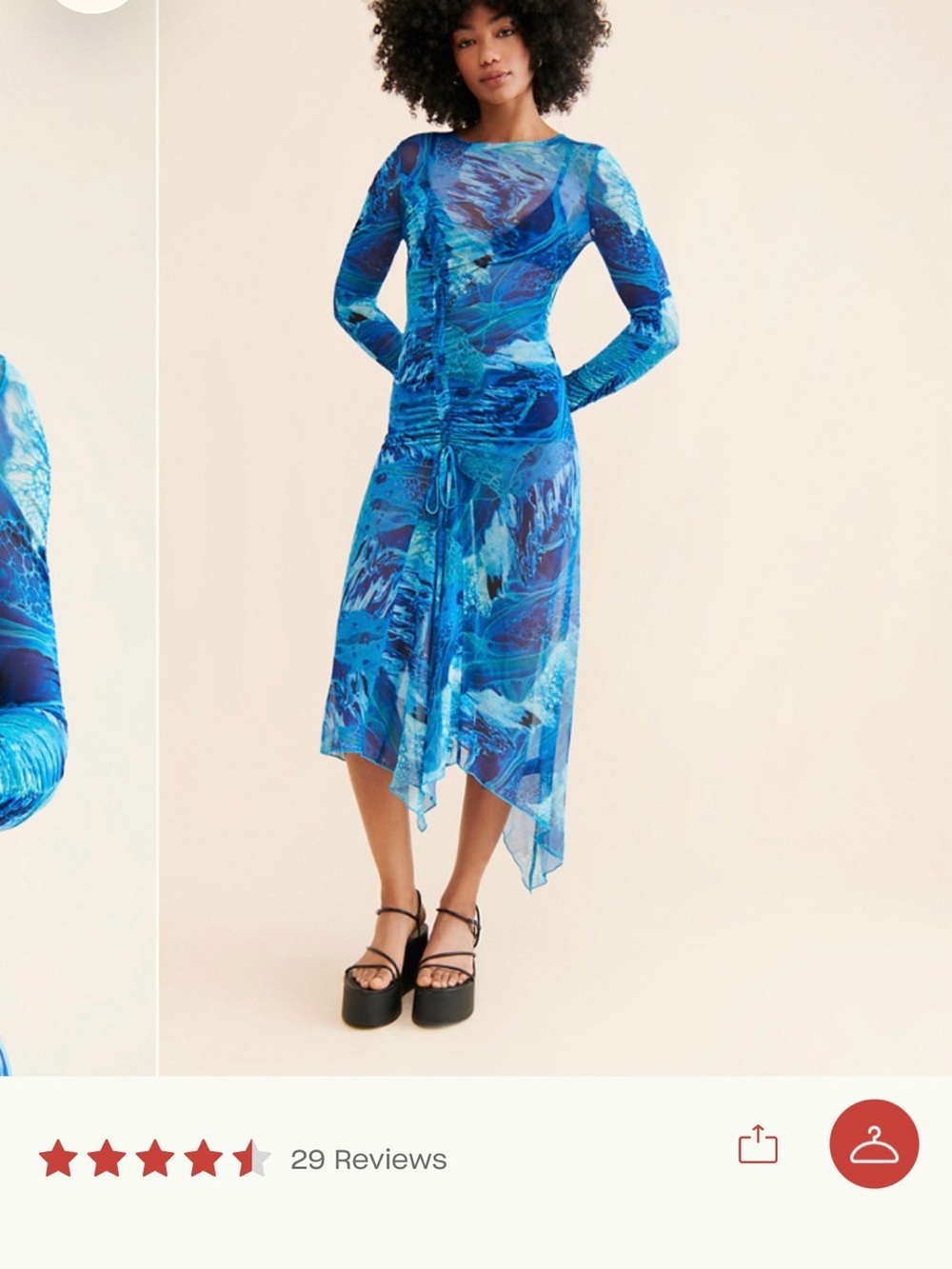 Blue Printed Asymmetric Long-Sleeve Ruched Dress
